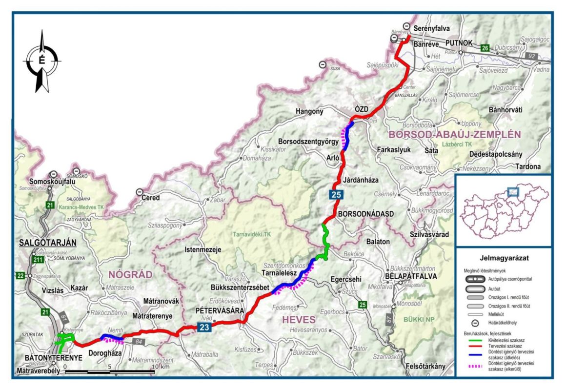 A 23-as és 25-ös számú főutak Bátonyterenye és Ózd közötti fejlesztésének térképe (Forrás: NIF Zrt.)