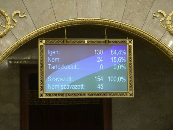 A békepárti határozati javaslatról szóló szavazás eredménye egy kijelzőn az Országgyűlés plenáris ülésén 2023. március 31-én. Az előterjesztést, amelyet az orosz-ukrán háború egyéves évfordulója kapcsán nyújtottak be a Fidesz és a KDNP képviselői, 130 igen és 24 nem szavazat mellett fogadták el (Fotó: MTI/Kovács Attila)
